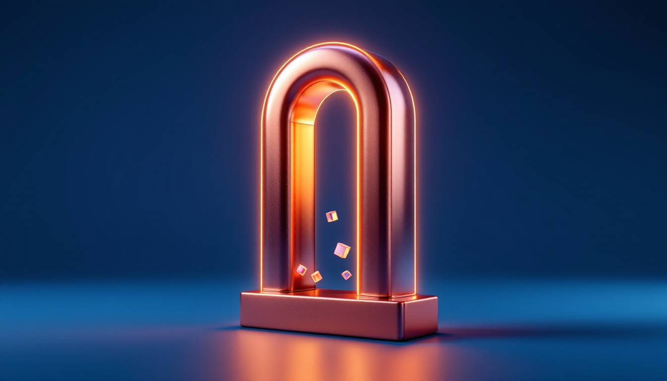 Copper magnet with glowing amber core and floating glass cubes on dark navy illustrating Lead Magnets That Work: Real Conversion Data 2026