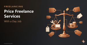 Price tag next to balance scale representing freelance service pricing strategy
