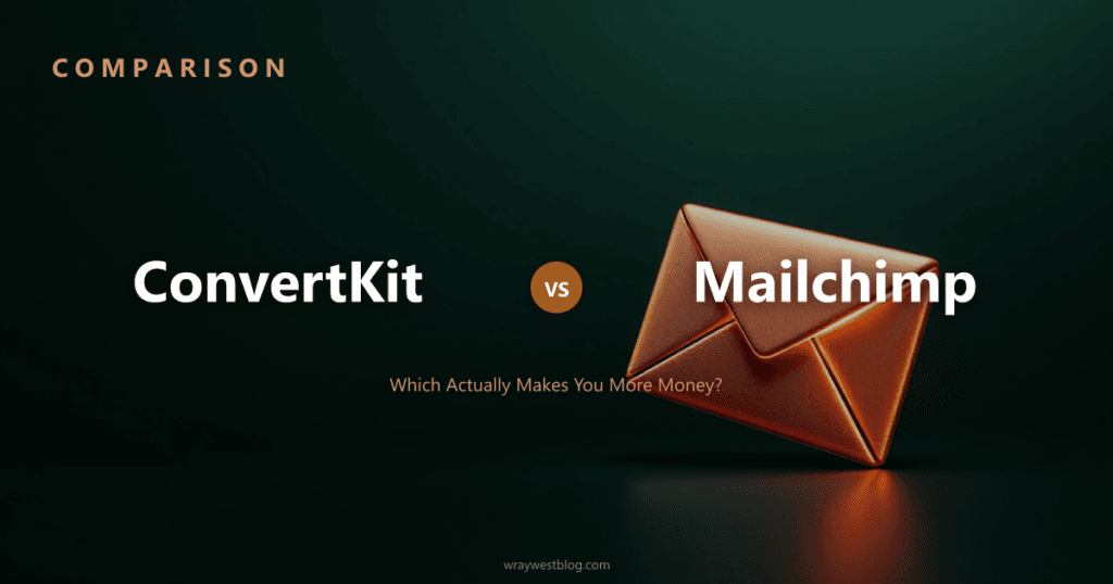 ConvertKit vs Mailchimp comparison featured image, copper email illustration on dark green