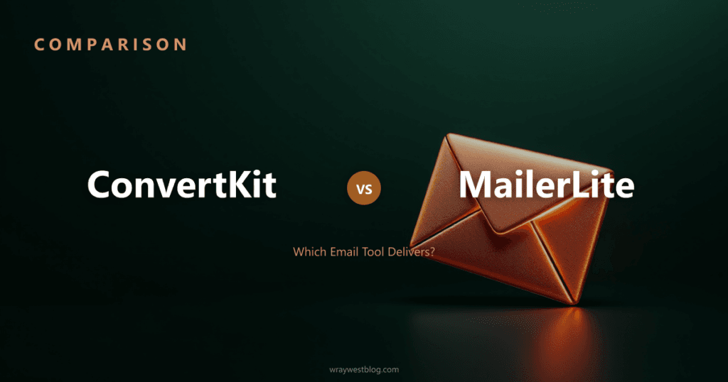 ConvertKit vs MailerLite comparison featured image, copper email illustration on dark green