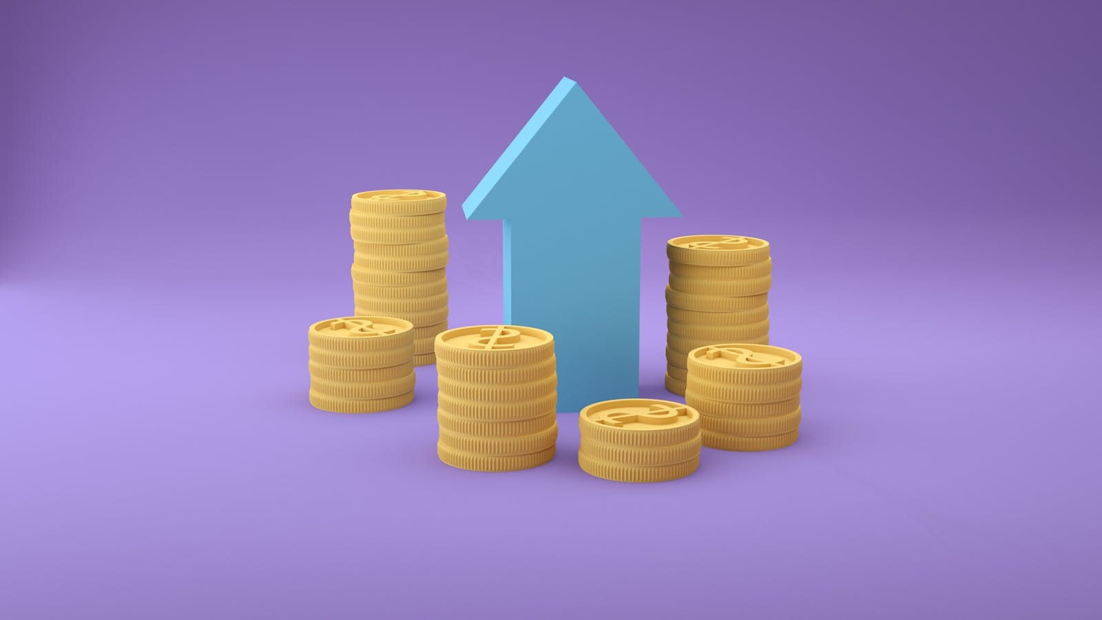 Stacks of coins with upward arrow, illustrating financial growth