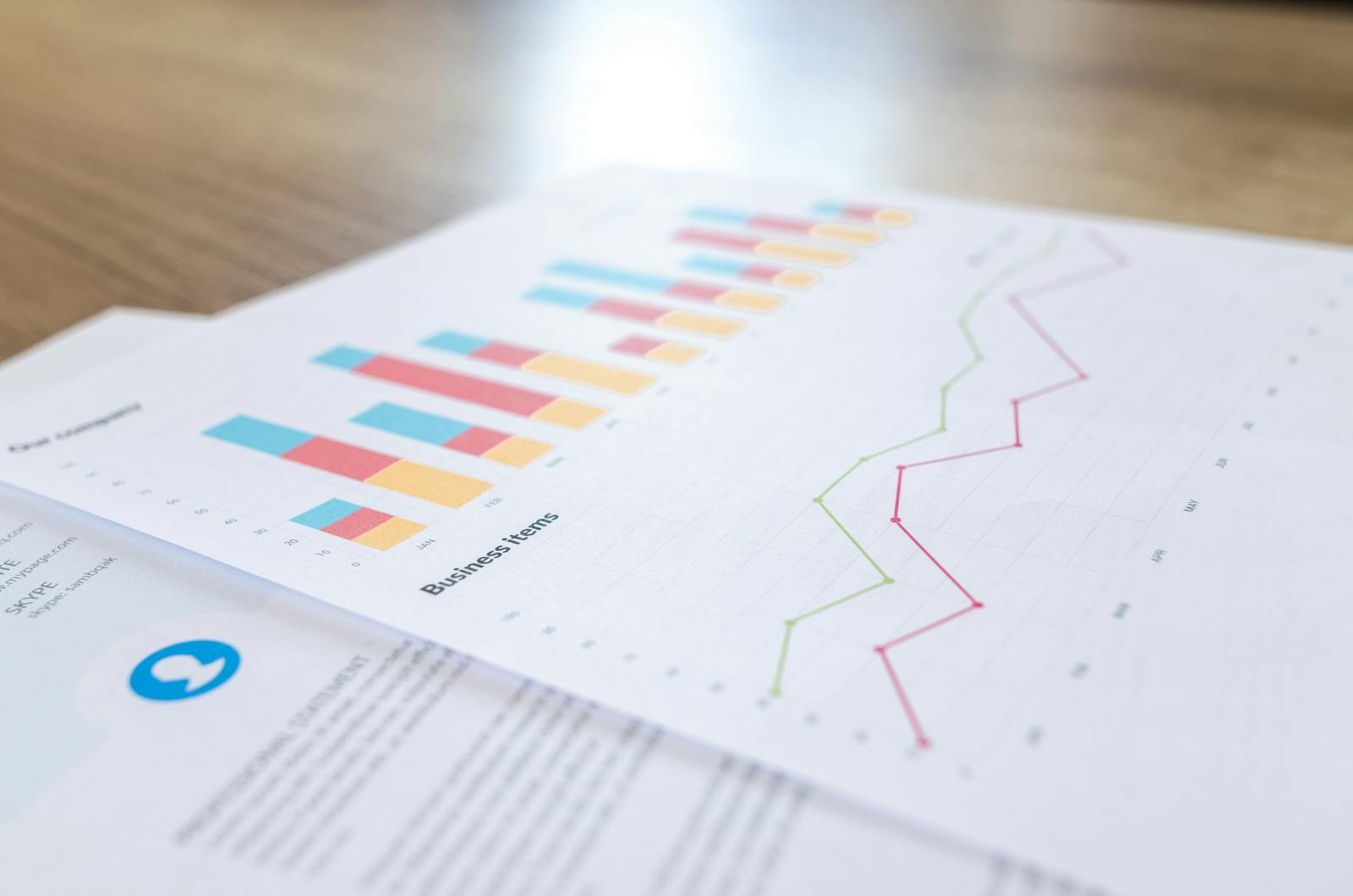 Business document with charts and graphs on wooden desk