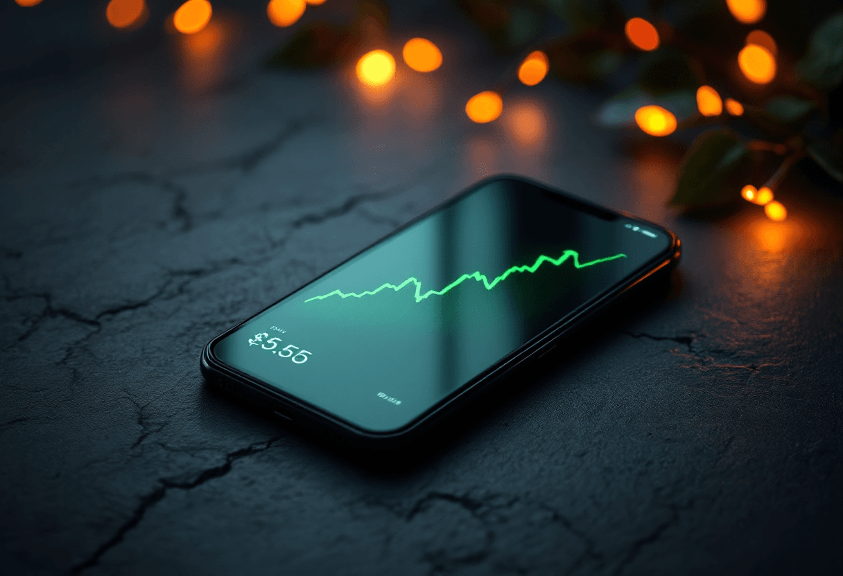 Smartphone displaying ascending stock chart in dark moody lighting with copper bokeh, illustrating Acorns Review
