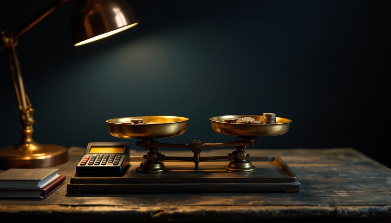 Brass kitchen scale with a calculator on one tray and coins on the other - weighing the OLSP value proposition