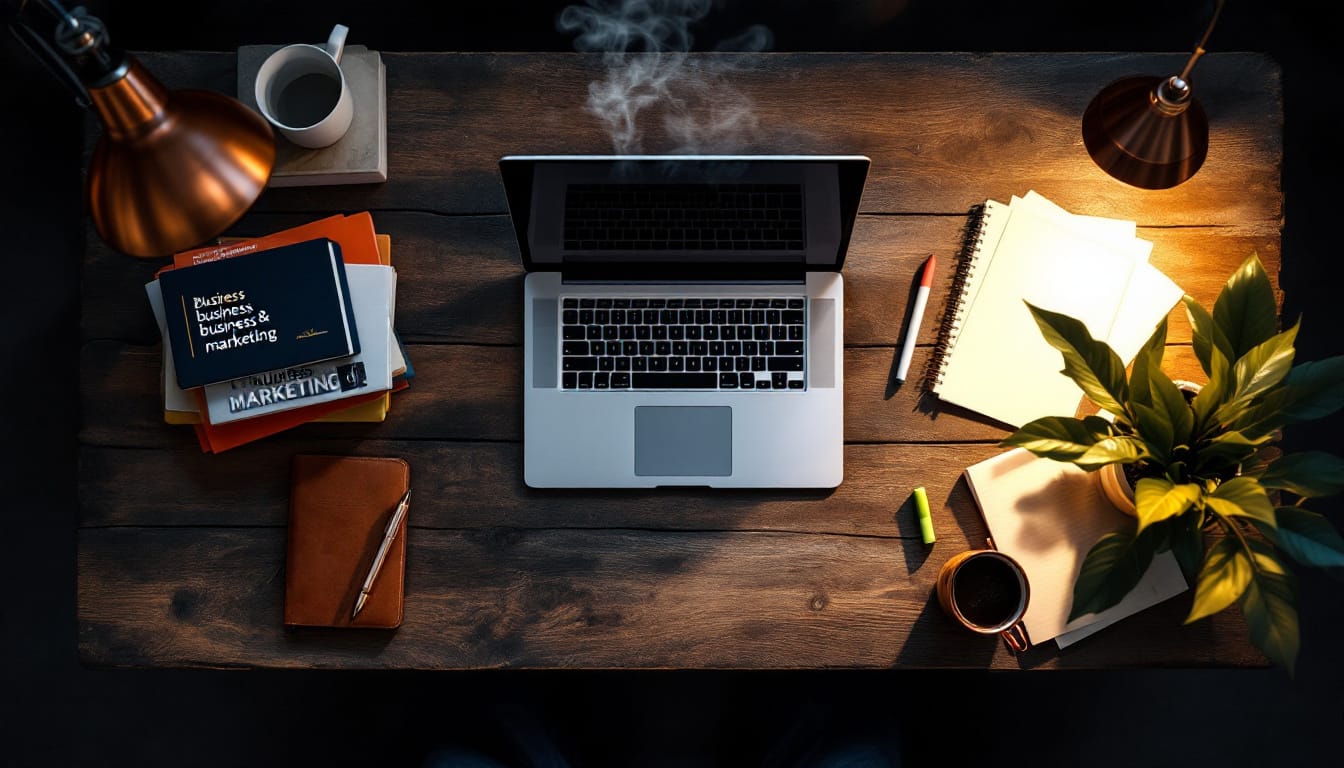 Top-down workspace with laptop, business books, notebook, highlighters and coffee - the materials of learning the OLSP system