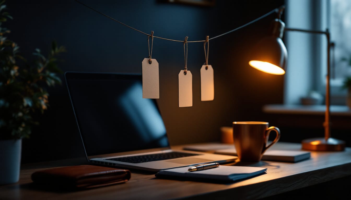 Desk with hanging price tags above an open laptop and leather wallet, evaluating the OLSP cost structure
