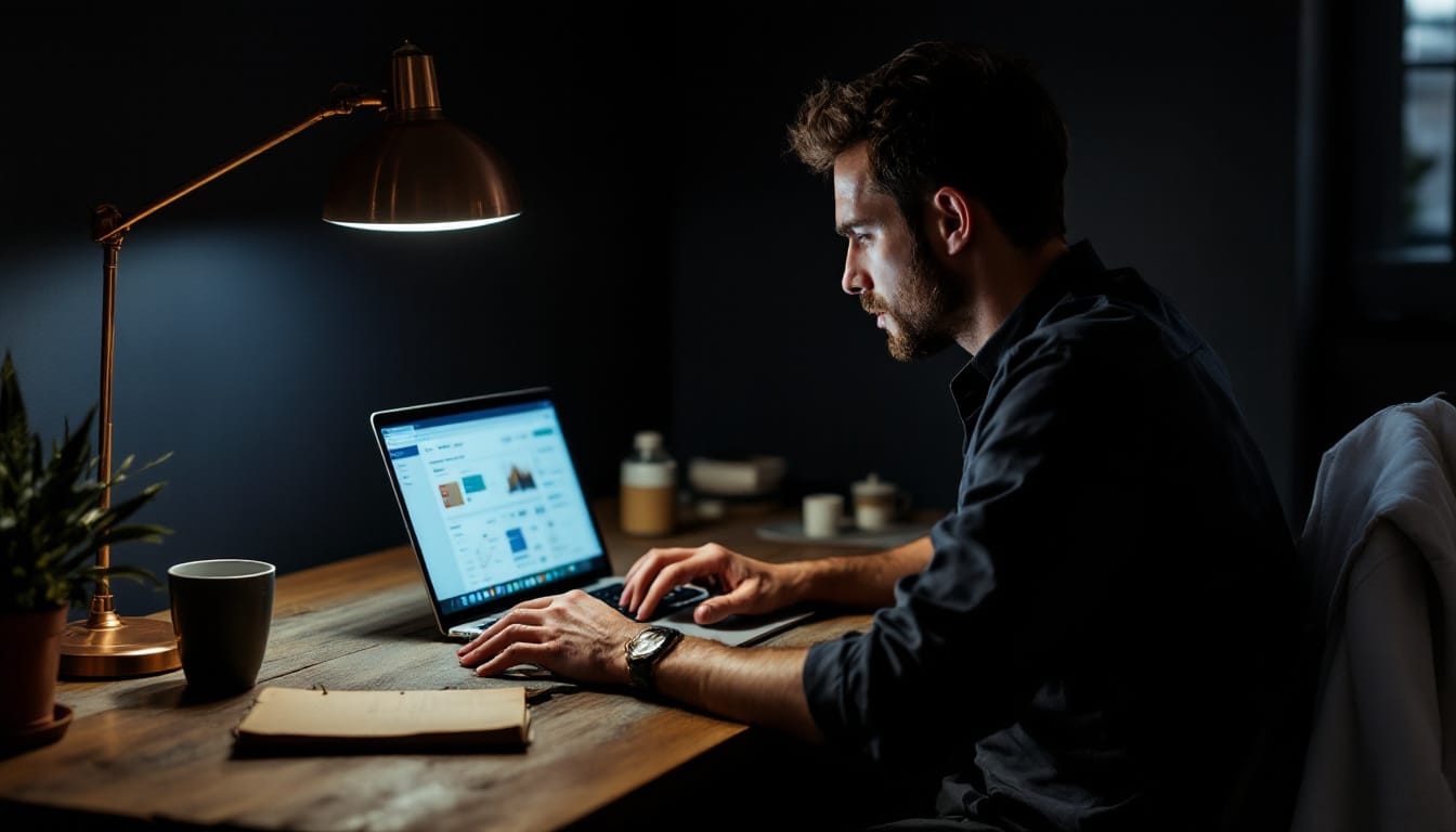 Working professional at home desk at night with laptop, notebook, and a chef's jacket on the chair - the WrayWest reader-archetype for OLSP