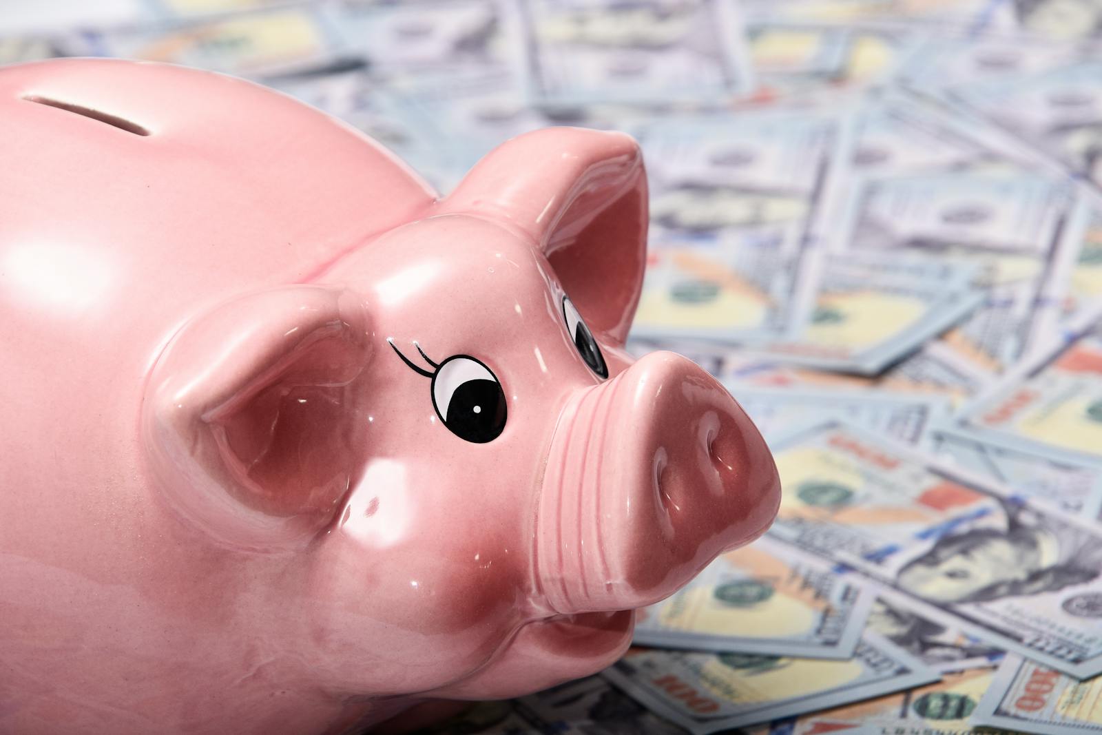 Pink piggy bank with hundred dollar bills, illustrating savings