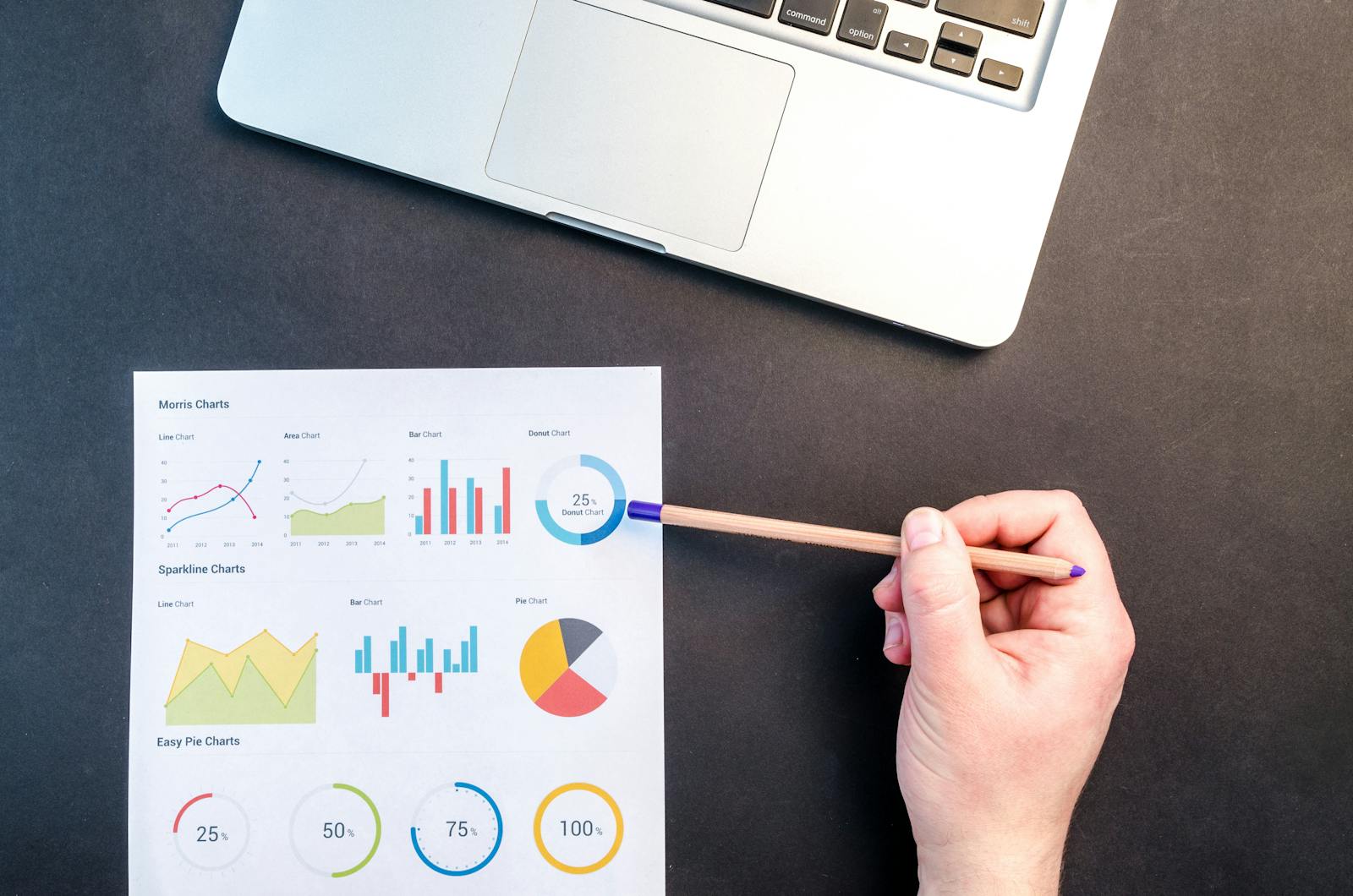 Hand holding pencil reviewing colorful data charts on desk with laptop, illustrating SEO data analysis