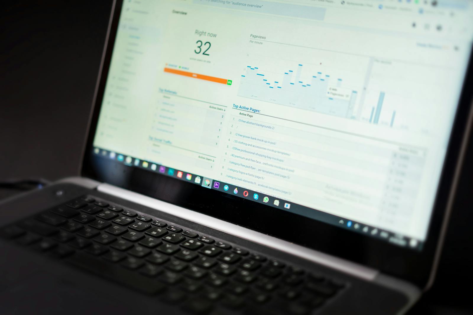Laptop displaying bright Google Analytics dashboard with real-time data, illustrating SEO for Creators