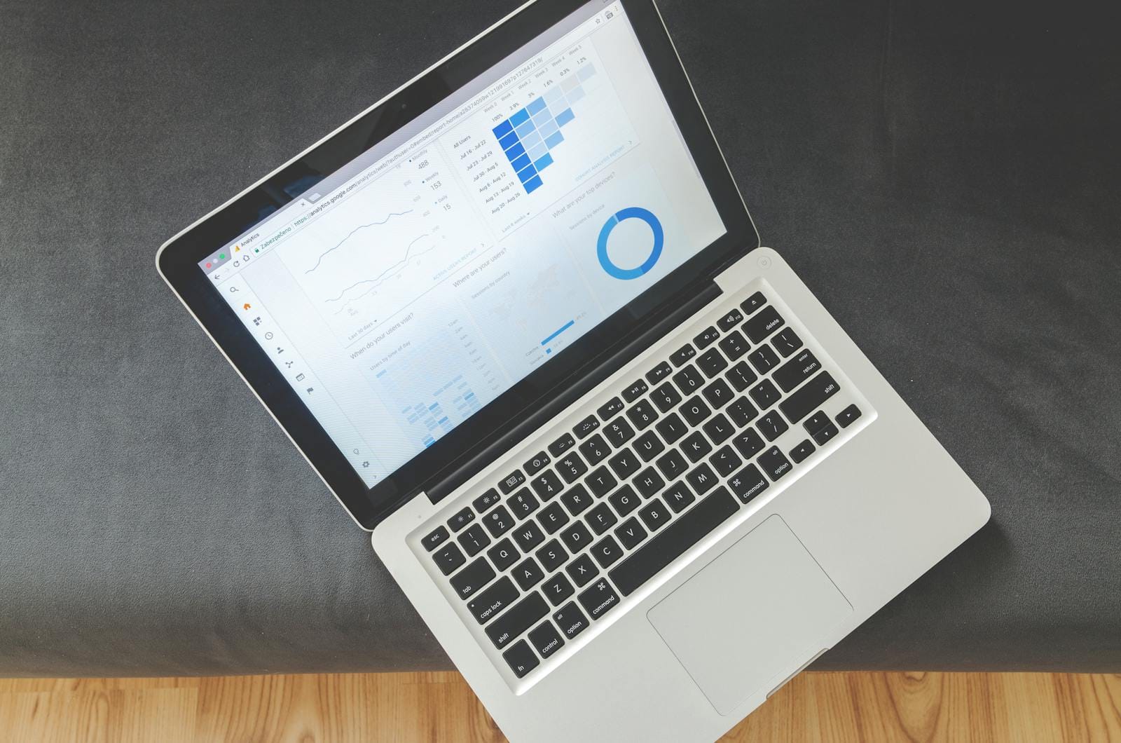 Overhead view of laptop showing data visualizations and analytics charts, illustrating SEO data work