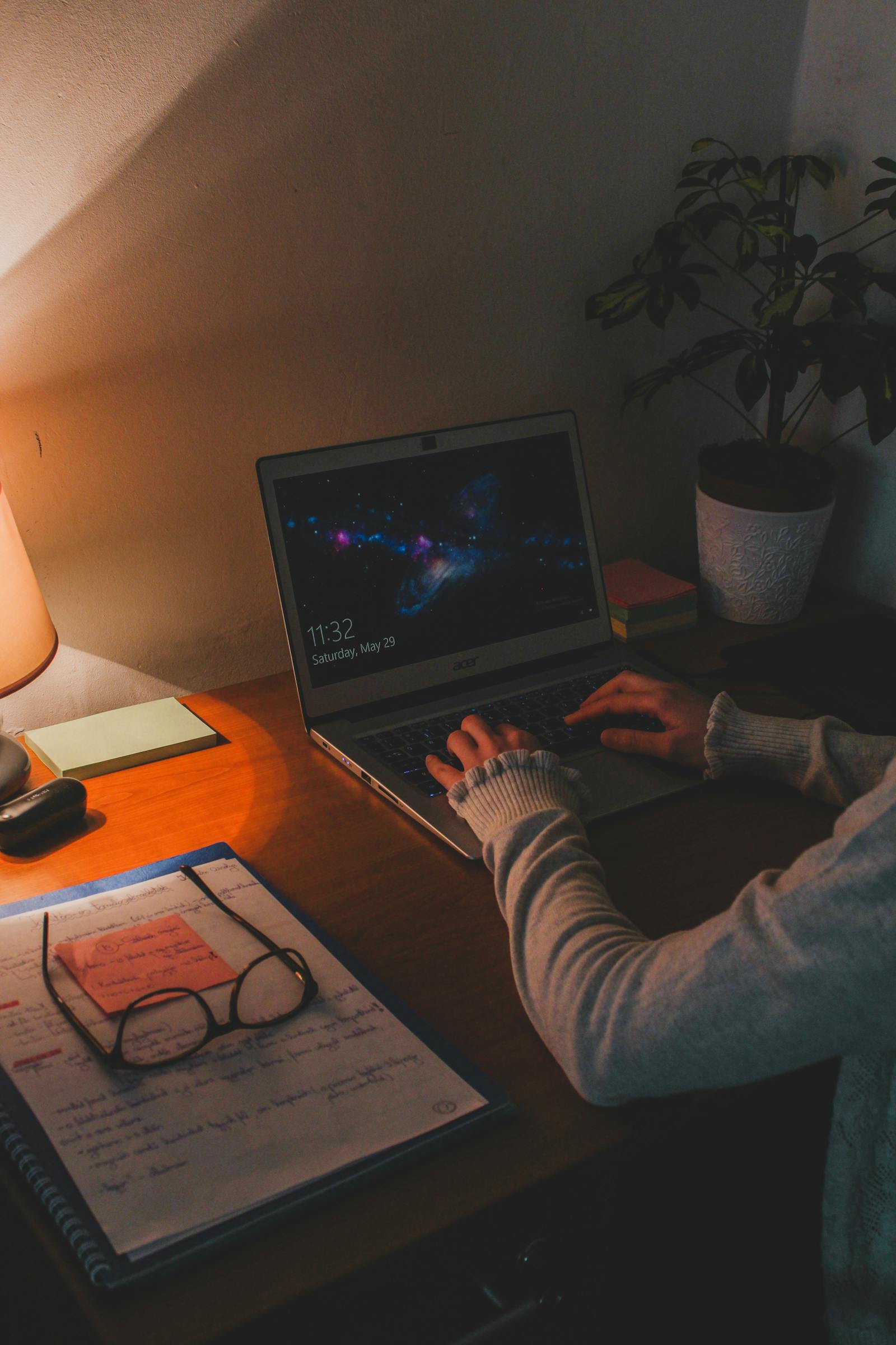 Warm home office setup with laptop, notebook, and potted plant on wooden table