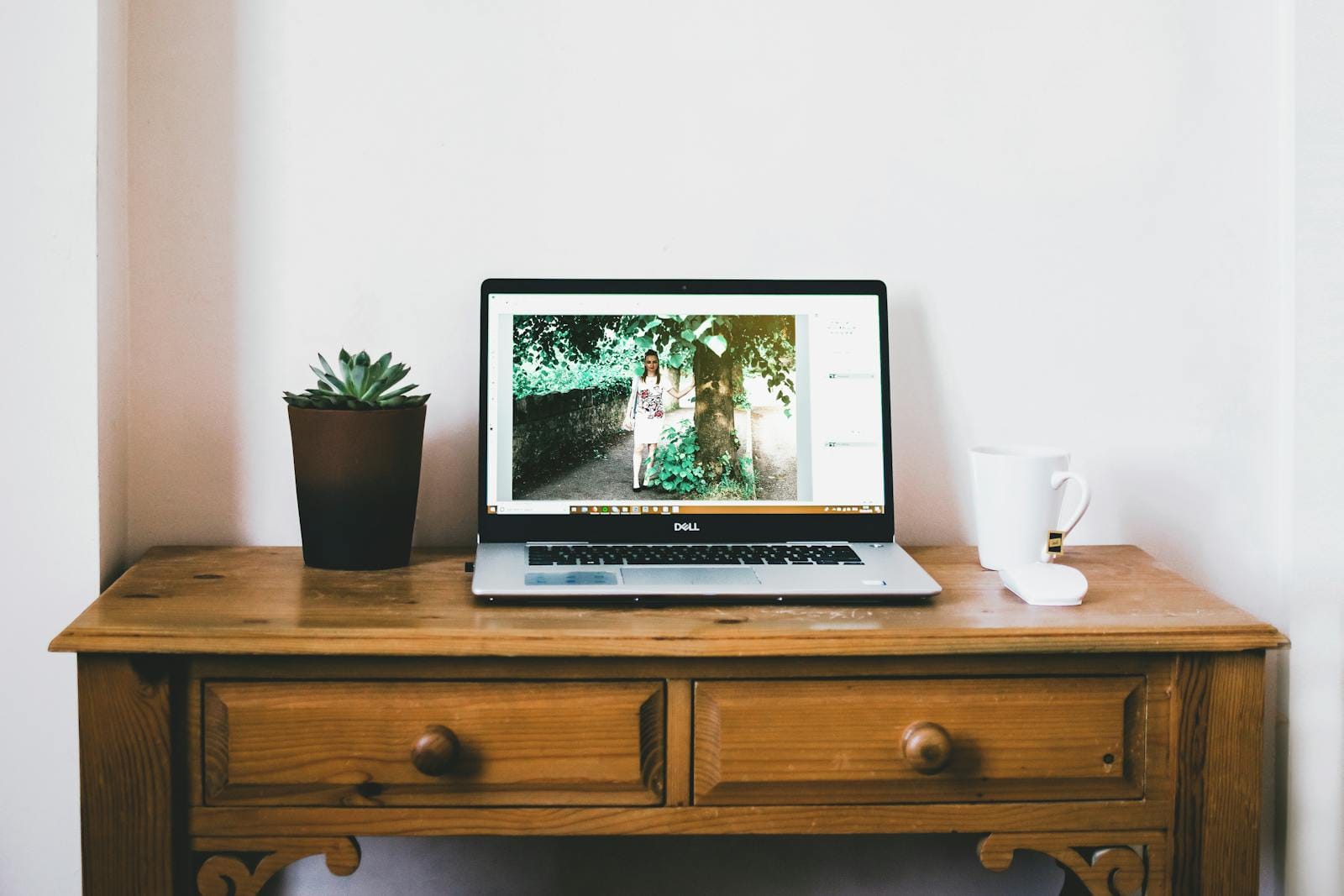 Minimalistic home office with laptop, plant, and coffee mug on wooden desk