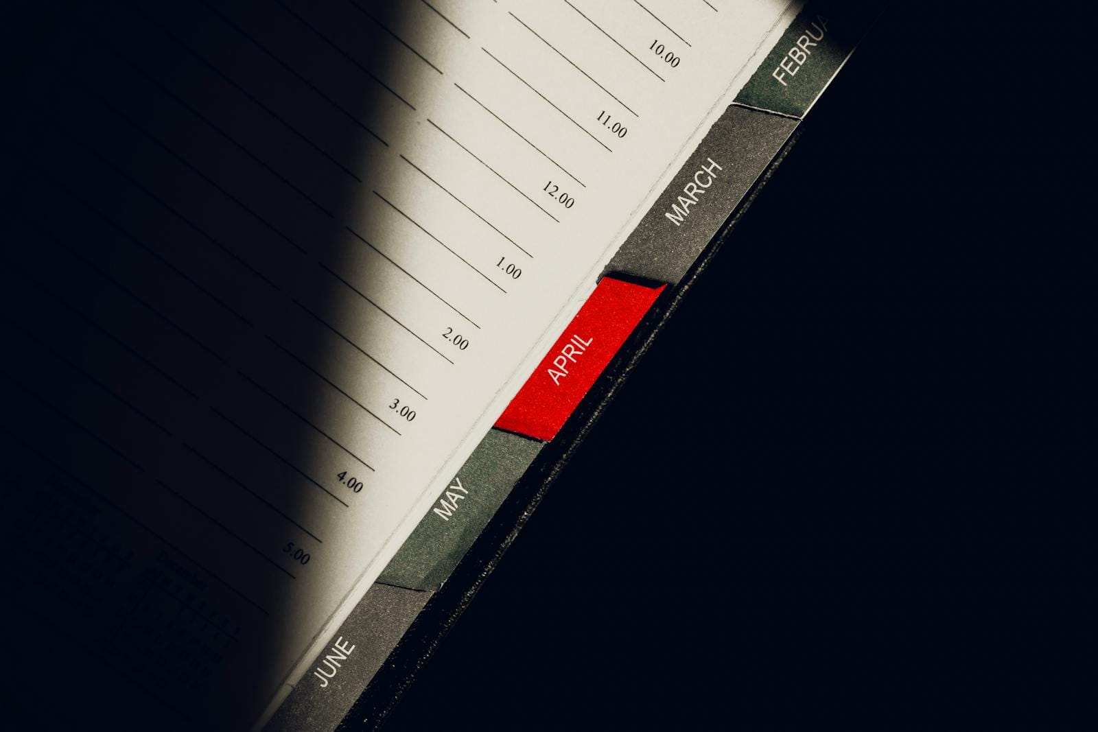Close-up planner highlighting month of April with monthly tabs