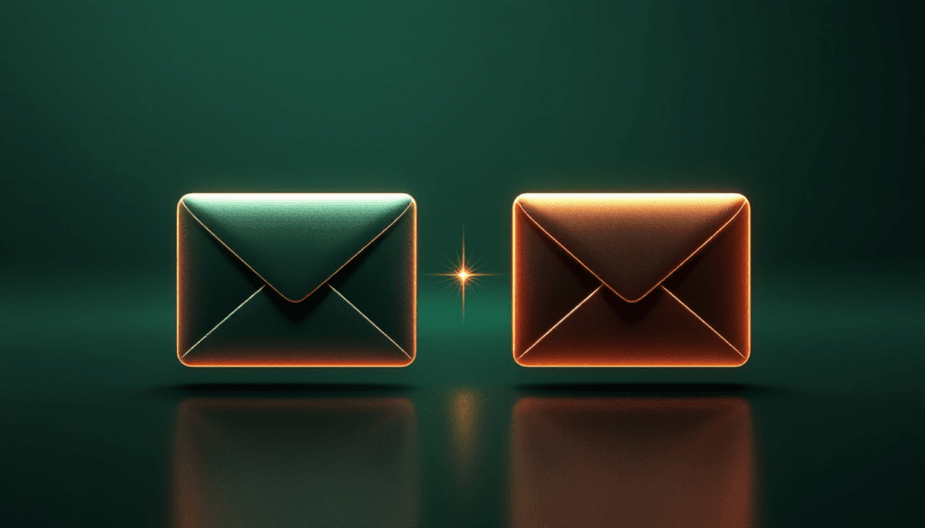 Email tool comparison banner, copper envelopes on dark green
