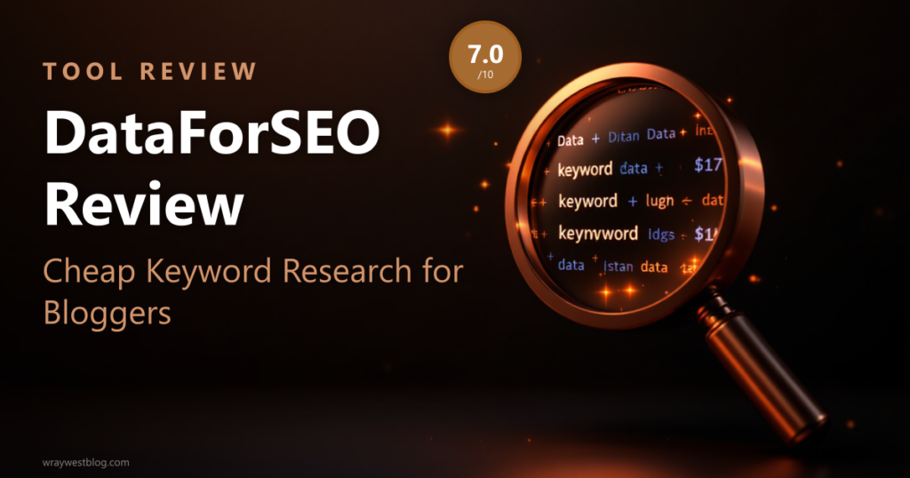 DataForSEO Review featured image: copper magnifying glass over keyword data, rated 7 out of 10