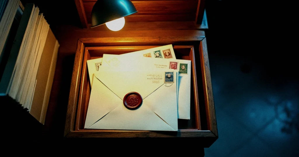 A glowing copper email envelope passing through authentication gates toward an inbox