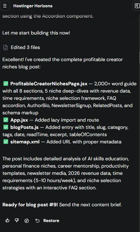 Hostinger Horizons' AI generating a real WrayWest blog post as a React page component and updating App.jsx, blogPosts.js and sitemap.xml
