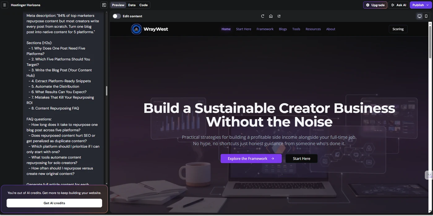 The Hostinger Horizons editor building WrayWest: the AI chat generating a blog post on the left, live preview of the WrayWest homepage on the right