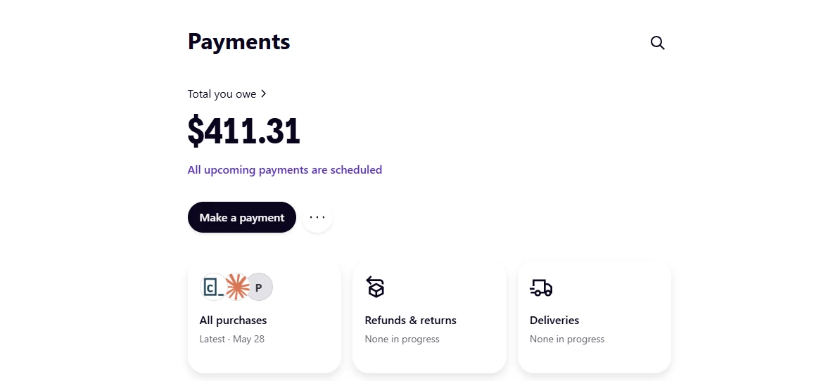 My real Klarna account: $411.31 owed, all upcoming payments scheduled.