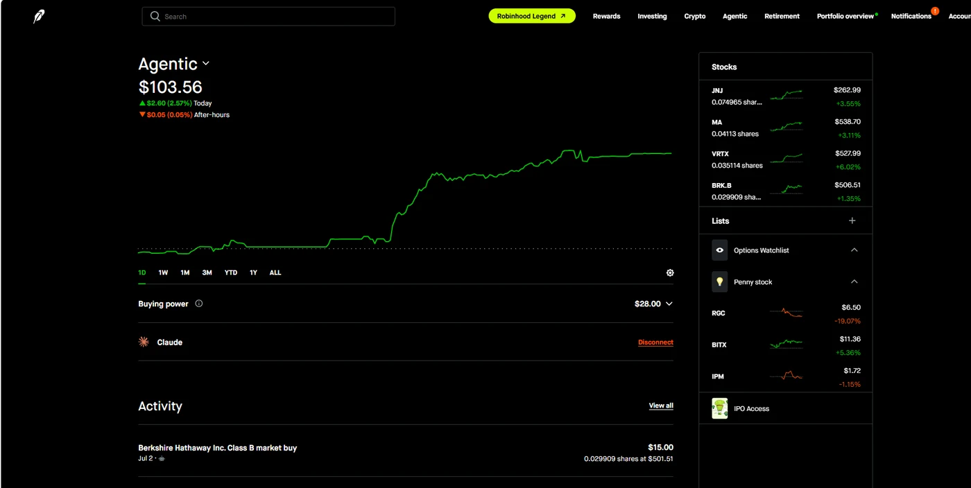 My Robinhood Agentic account (about $104), connected to Claude, holding fractional JNJ, MA, VRTX and BRK.B.