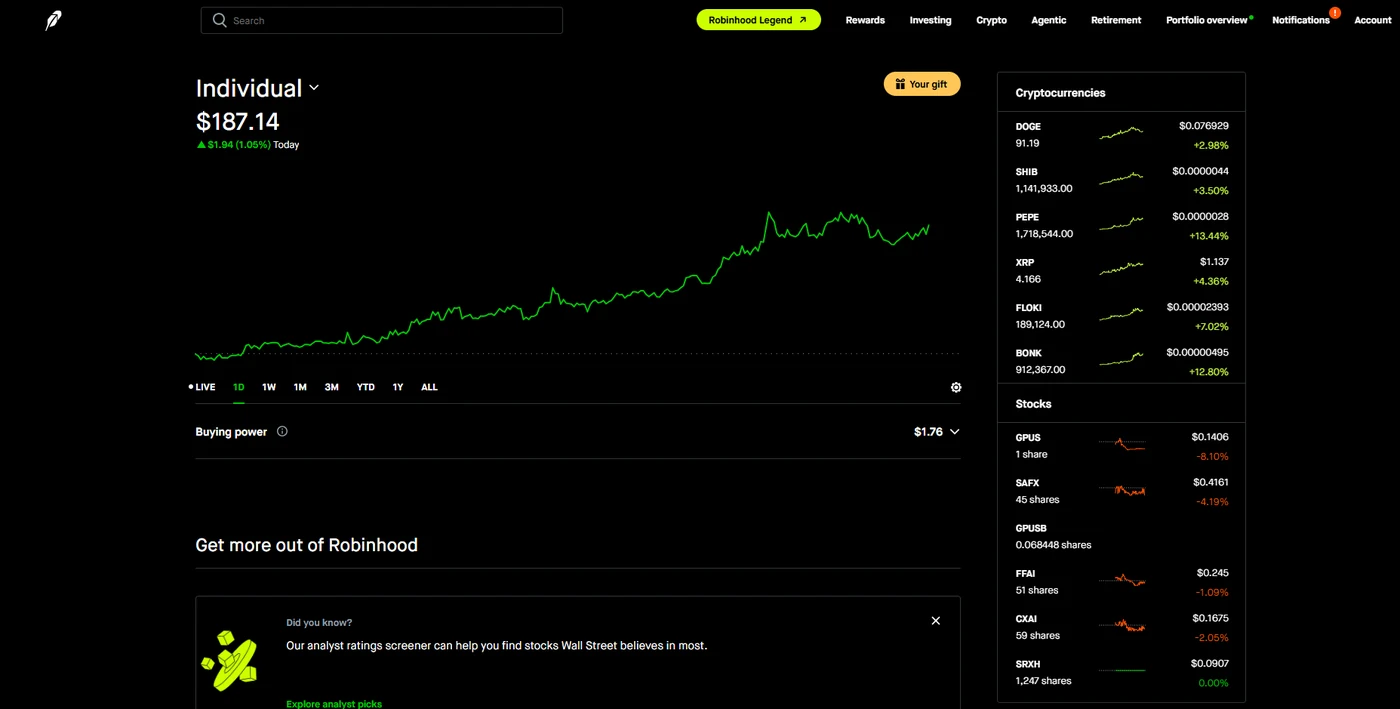 My Robinhood individual brokerage account (about $187 the day I grabbed this) - small on purpose.