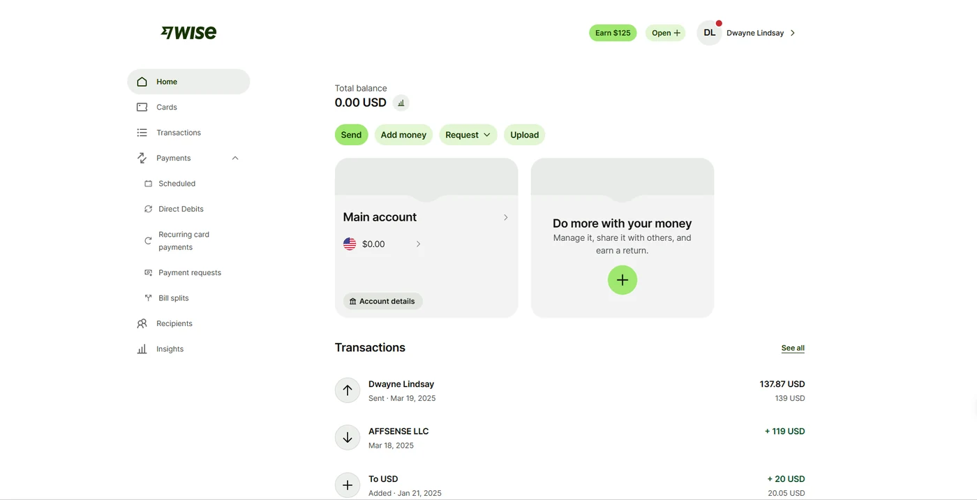 My real Wise multi-currency account and recent activity.
