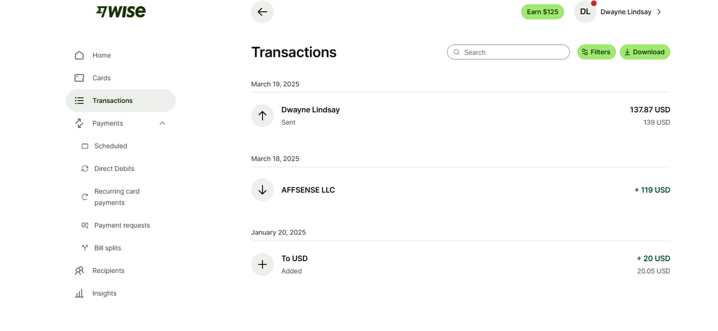 Real Wise transactions, including an affiliate payout received from AFFSENSE LLC.